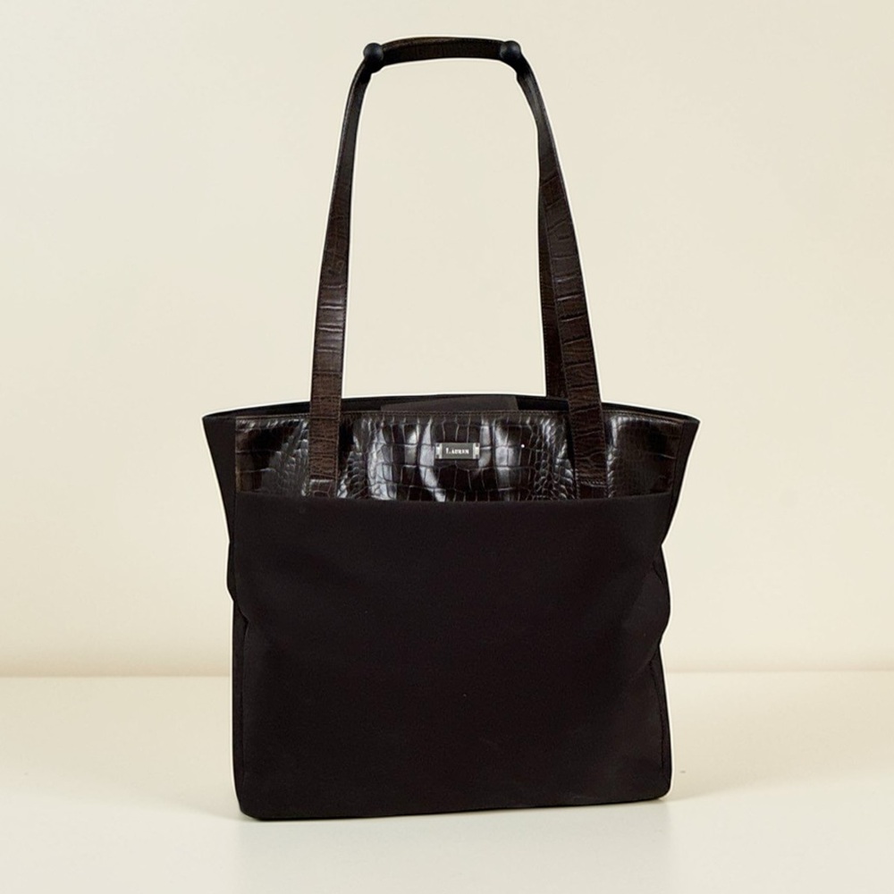 Lauren Ralph Lauren Brown Croc Embossed Tote Bag Patent Trim Large Shoulder Bag